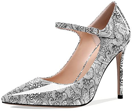 Soireelady Women's Mary Jane Strap Pumps |10cm Pointed Toe Stiletto | Court Shoes for Weeding Party Dress Flower-Gray EU40