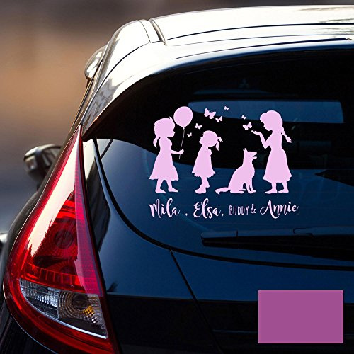 Autotattoo 3 Mädchen 1 Hund Heckscheiben Aufkleber mit Kinder Luftballon Schmetterlinge und Wunschnamen M2336 - ausgewählte Farbe: *lavendel* ausgewählte Größe: *XL - 41cm hoch x 45cm breit*