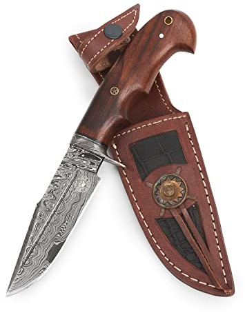 BIGCAT ROAR Deer Hunter - Coltello da Caccia in Acciaio Damasco Artigianale 25,4 cm - Manico in Legno di Noce e Fodero in Cuoio - Bushcraft, Campeggio, Sopravvivenza - Regalo Uomo Cacciatore