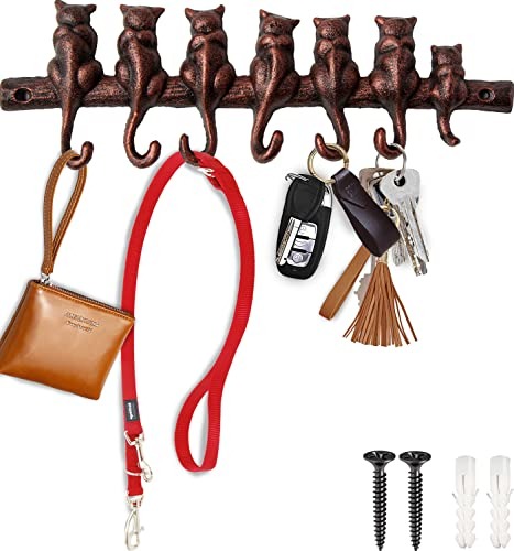 Comfify Wandhaken mit sieben Katzen aus Gusseisen - Dekorative gusseiserne Wandaufhängung - Kleiderhaken mit sieben Haken - Wandmontage - 30.48 x 9.90cm - mit Schrauben und Dübeln - Kupfer mit Schwarz