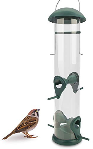 WILDLIFE FRIEND I 30cm Körner Vogelfutterspender grün - mit 4 Anflugplätzen, Vogel Futterstation, Futtersäule, Körner Wildvögel Futtersilo