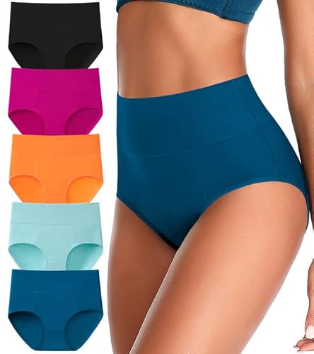 ASIMOON Women's High Waisted Cotton Underwear Breathable Soft Tummy Control Briefs Ladies Panties 5 Pack M