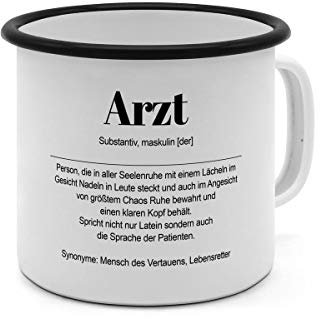 Emaille-Tasse mit Definition Arzt - Tasse mit Spruch, Wörterbuchtasse, Geschenktasse, witzig, Kaffeebecher, Becher, Tasse, Becher - Farbe Weiß/Schwarz