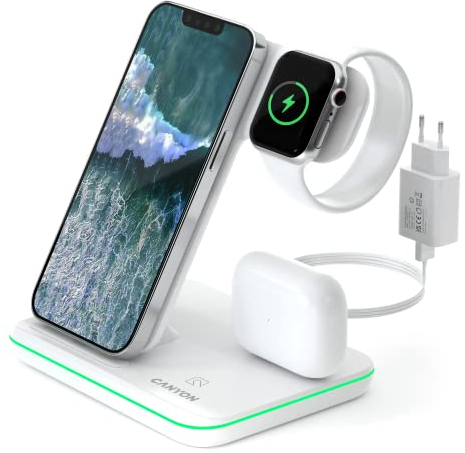 CANYON 3 in 1 Ladestation Apple Watch und iPhone Airpods Kompatibel mit Apple Watch, AirPods, iPhone Wireless Charger für Qi Geräte Adapter 18W Touch Backlight Control Weiß