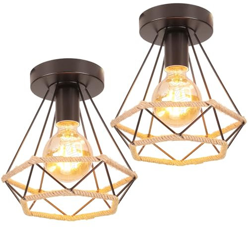 TOKIUS Lampada da soffitto E27 industriale Plafoniera Vintage Gabbia in metallo con Corda Ø200mm Lampada design per Corridoio Portico Camera da Letto (2 pezzi)