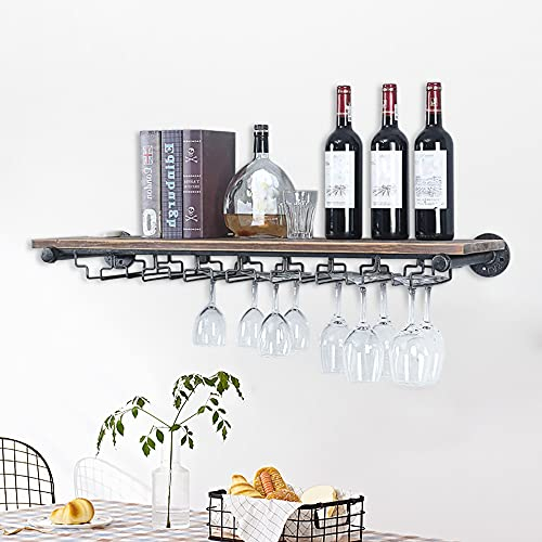 DENEST 36'' Porte-verres à pied suspendus, Porte-vins mural rustique avec 5 porte-verres, Etagères de bar flottant en fer Steampunk, Porte-verres à pied, Etagère murale en métal en bois Véritable