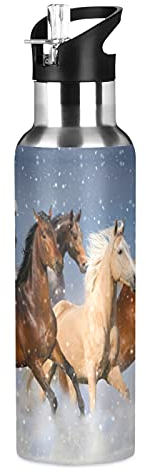 Art Mignon Cheval Animal Isotherme Bouteille d'eau avec Paille, Gourde Sport en Acier Inoxydable 600ML Gourdes sans BPA pour Enfant Garçon Fille École Bureau