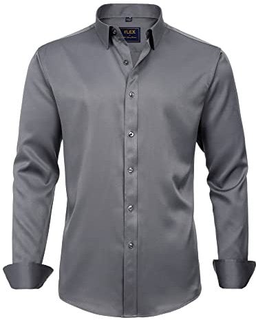 J.VER Men's Formal Dress Shirt Long Sleeve Regular Fit Solid Business Casual Shirt Button Down Wedding Work Stretch Non Iron Grey XL