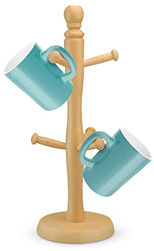 Mug Tree Cup Holder Kitchen Mug Holder for Coffee Mugs & Tea Cups - 100% Beechwood Wooden Cup Holder | Wooden Mug Tree Stand for Space Saving with 6 Cup Hooks (Mug Holder)