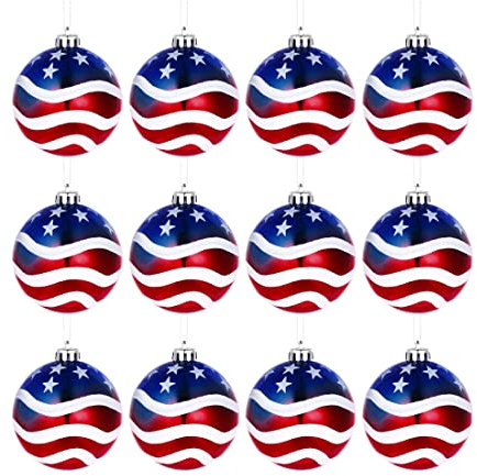 12PCS Patriotic Ball Ornaments USA Flag Party Supplies Decor Christmas Baubles Holiday Wedding Party American Independence Day Decoration Christmas Tree Decorations (US Flag)
