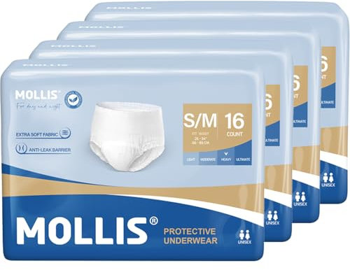 MOLLIS Inkontinenz Pants Erwachsene, Saugfähige Windelhosen für Männer und Frauen, Atmungsaktive Einweghosen, Optimaler Auslaufschutz über Nacht, Unisex, Größe S/M, 64 Stück