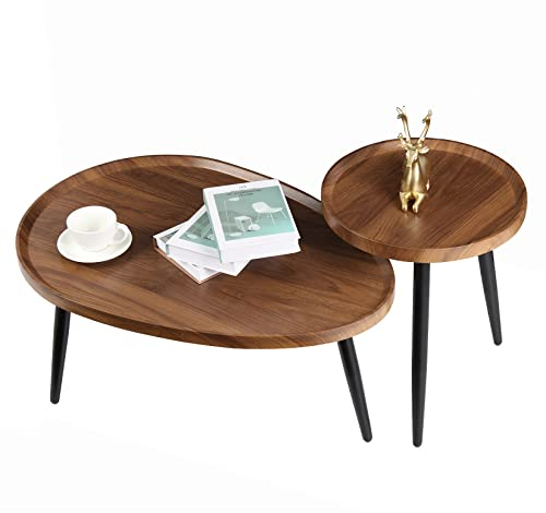 FATIVO Oval Coffee Table Nest Wood: 2 Nesting Set Large 80cm and Small Round Tables 40cm MDF Wooden Tabletop Under Sofa Table with Metal Triangle Legs Industrial Nests Center Tables Living Room