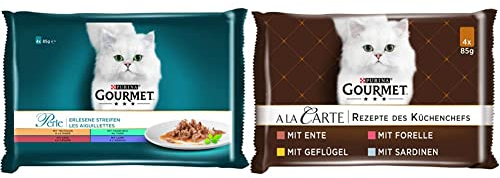 PURINA GOURMET Perle Erlesene Streifen Katzenfutter nass, Sorten-Mix, 12er Pack (12 x 4 Beutel à 85g) & A la Carte Katzenfutter nass, Sorten-Mix, 12er Pack (12 x 4 Beutel à 85g)