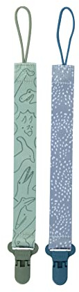 Nuby Pacifinder Baby Pacifier Clip - (2-Pack) - Pacifier Holder Clip with Convenient Hook Loop - Blue Dots and Green Dino