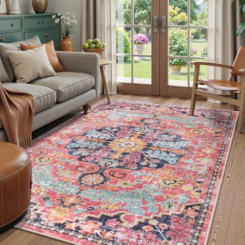 Lahome Floraler Boho-Medaillon-Vorleger, 1,2 x 1,8 m, Pink, für Eingangsbereich, Waschküche, rutschfest, maschinenwaschbar, für Kinderzimmer, Wohnheim, Küche, Büro, Fuchsia/Mehrfarbig