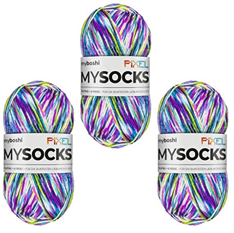 myboshi mysocks Pixel, 6-fädige Sockenwolle, strapazierfähig, Garn aus Schurwolle, filzfrei, 150g, Ll 390m Lila (Dotty), 3 Knäuel