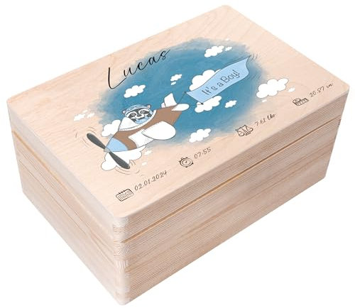 Creative Deco Erinnerungsbox Baby Personalisiert mit Namen - Waschbär Blau | Individuelle Erinnerungskiste Geschenk zur Geburt für Mädchen und Jungen | Holzkiste mit Deckel | Farbdruck