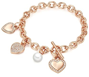 Lulu Jane Damen Armband Messing roségold Zirkonia weiß rund Muschelkernperle 8 mm weiß Herz Perlenarmband