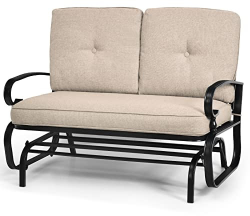 RELAX4LIFE 2-Person Glider Bench, Outdoor Swing Gliding Loveseat with Removable Cushion, Patio 2 Seaters Rocker Chair for Backyard Garden Porch (Beige)
