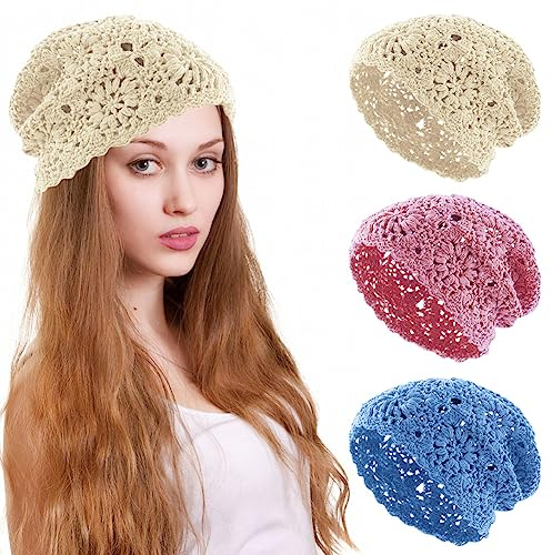 KABAKE Frauen Baumwolle Häkelmütze Handgemachte Strick Floral Slouchy Beanie Hut Gestrickte Cutout Sommer Schädel Cap, 3 Stück