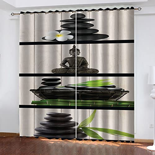 Hundnsney Vorhänge Wohnzimmer Modern Blickdicht 2Er Set 3D Kieselstein-Buddha-Druck Muster Schlaufenschal Verdunkelungsvorhang Vorhänge Lärmminderung Gardinen Fensterdekoration 260X280cm(HxB)