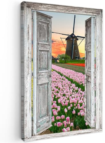 MuchoWow© Quadri Astratti su Tela 60x90 cm Foto Quadro Moderno Soggiorno Canvas Decorazioni Camera da Letto Vista dalla finestra - Tulipani - Mulino - Sera