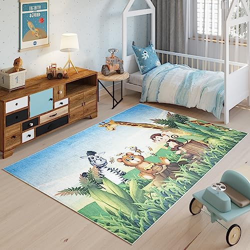 TAPISO Emma Kinderteppich Bunt Tiere Safari Antirutsch 140 x 200 cm | Waschbar bei 30 Grad bedruckter Kinderteppich Kinderzimmer Jugendzimmer Modern OEKO-TEX