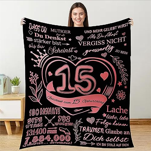 TDDKFB Kuscheldecke Flauschige Decke Geschenke An Meine Tochter,Mama und Papa zu Mädchen Weiche Positiv Ermutigen Personalisierte DeutscheNachricht Geburtstagsdecke,15.Geburtstag für Mädchen