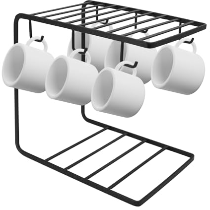 Beowanzk Coffee Mug Holder with 6 Hooks for Mugs, Mug Tree Holders for Kitchen, Mug and Cup Storage/Stand/Rack/Holders/Organiser (Black)