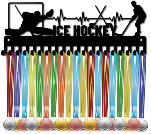 CREATCABIN Eishockey-Medaillenaufhänger,Medaillenhalter,Präsentationsständer,Sport-Metallaufhängung,Auszeichnungen,Eisenhalterung,Dekor Mit 20 Haken Für Wand,Abzeichen,Tänzer,Fußball,Schwarz,40x15cm