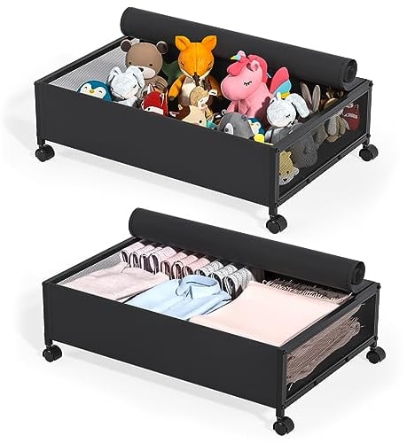 Meisax Unterbett Aufbewahrungsbox, 2 Stück Unterbettkommode mit Rollen und Deckel, Metallrahmen Bettkasten Aufbewahrung, Unterbett Kleidung Aufbewahrung für Decken, Bücher, Spielzeug, Kleidung, Schuhe