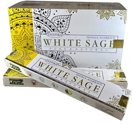 Weißer Salbei Deepika Räucherstäbchen für Hauseinweihung Pooja Tempel Räucherstäbchen Meditation & Yoga Handgerollt Masala Aggarbatti 12er-Pack