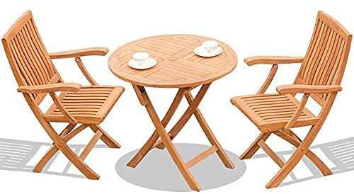 Juego de bistró para Patio de 3 Piezas con reposabrazos y Respaldo, Juego de Mesa y Silla Plegable de Madera de Teca para Exteriores con Orificio para Poste de sombrilla, Juegos de Muebles con
