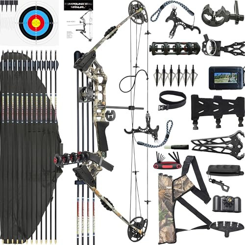 CENWTY 20-70 LBS Compoundbogen Set PRO Erwachsene Bogenschießen Jagdbogen Bogenfischen Compound Bogen und Pfeil Set mit Zubehör für Jagd Zielschießen Praxis Links & Rechtshänd (Tarnfarbe Linkshänder)