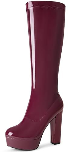 Allegra K Stivali alti al ginocchio da donna in pelle verniciata con plateau, Borgogna, 40.5 EU