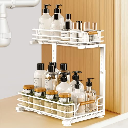 JYPS Organizador Armario Cocina, 2 Niveles Metal Organizador Fregadero Cocina, 5 Altura Regulable Bandeja Extraible Armario Cocina, Organizador Deslizantes para Almacenamiento, Baño,Lavandería(Blanco)