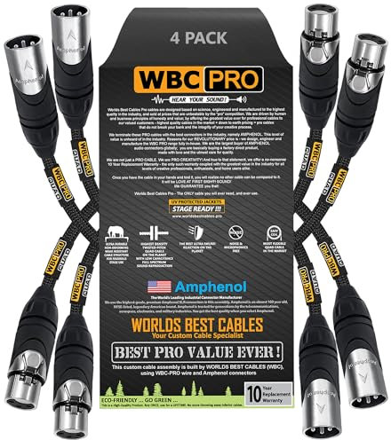 WORLDS BEST CABLES 4 Units - 0.3 Meter - WBC-PRO-QUAD Ultra-Silent Ultra-Flexible Balanced Star-Quad Cable with Amphenol Male & Female XLR Plugs & Black Tweed Jacket