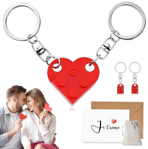 Porte Clef Couple Amour, Cadeau Saint Valentin pour Homme Femme, St Valentin Deux Paires de Porte Clés - Brique Rouge Amour, Cadeau Couple Coeur Saint Valentin Je T'aime