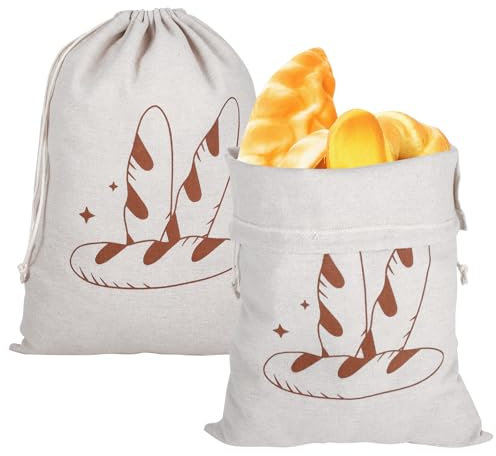 Mynoozi Leinen Brotbeutel Aufbewahrung, 2 Stück Brottasche mit Kordelzug, wiederverwendbare brotsack leinen Bread Bag Frischhalten für Brot,Baguette,Obst,Gemüse - 30×40cm/11.8×15.7in