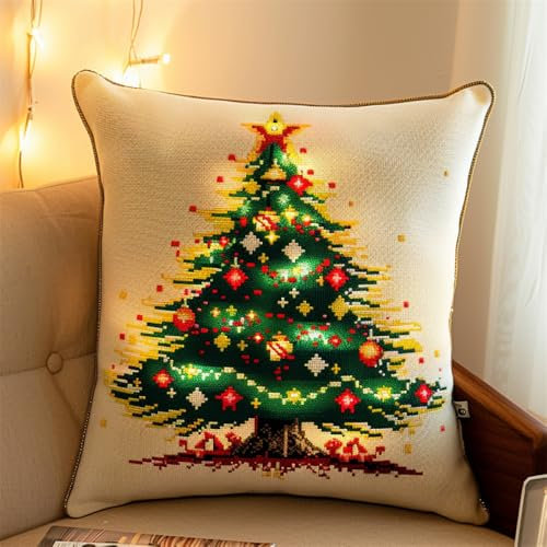 ORLUMY DIY Latch Hook Cushion Kits Colorful Christmas Tree Latch Hook Kits Cartoon Tree DIY Latch Hook Kitslatch Hook Embroidery Set Crochet Needlework Crafts with Latch Hook Tool 43x43cm