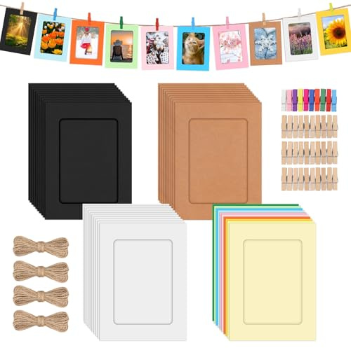 Mardatt Cardboard Picture Frames, 40 Set 5“ Papier Bilderrahmen, enthält bunte Karton Fotorahmen mit hölzernen Klammern, Schnüre für Home Decor