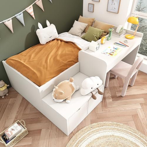 Merax Bunk Beds, Kids Single Wooden Storage Bed with Desk and Drawers, with Slatted Frame, Lying Surface for Teenagers & Adults, White, 90 x190 cm