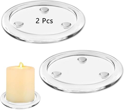 2 Pcs Glass Round Candle Plates Cup Mat, Clear Glass Candle Holder, Stable Candle Plate, Pillar Candlestick Holder, Candle Tray Decorations Candle Pedestal Base for Wedding Parties Home Decoration