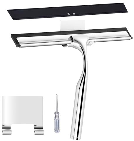 AMSGANK Tergivetro per Doccia, 25.5cm Tergivetro per Finestre Pulisci Vetro Doccia in Acciaio Inox con Gancio, Tergivetro Doccia per Finestre, Specchi, Piastrelle, Bagno (Argento)