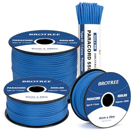 Brotree 550 Paracord 4mm 30m Schnur 100% Polyester Seil Reißfest Typ III 7 Kern für Armbänder, Basteln, Outdoor, Camping, Survival - Blau