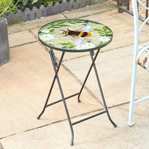 Marco Paul Table d'appoint de jardin en verre avec dessus décoratif en forme d'abeille – Cadre en métal robuste pour jardin, terrasse, extérieur, table de bistrot pliable (abeille)