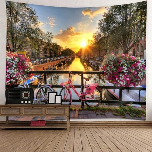 Aotiwe Wandbehänge Tücher, Wandtücher Bunt Hofstil Fluss Sonnenuntergang Landschaft 150x150cm