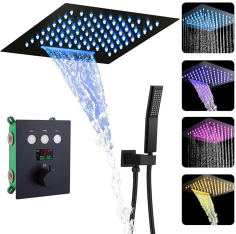 WRKMH Conjunto Ducha Empotrado, LED de 16 Colores Columna Ducha Termostatica Grifo Ducha Empotrado Negro Pantalla Digital Columna de Ducha con 2 Funcional Cabezal de Ducha