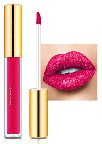 Glitzer Lippenstift Flüssig, Neon Pink Liquid Lipstick mit Diamond Funkeln, Lipgloss Full Matte & Leuchtende Farben, Wasserfest & Schnelltrocknend Lip Gloss, Langanhaltend & Seidige Lippen Makeup