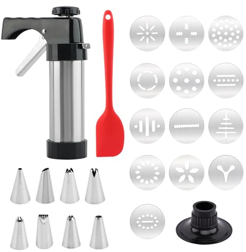 Edelstahl-Plätzchenpresse zum Backen, Keksbereiter, Kekspresspistole, Set mit 13 Plätzchenscheiben und 8 Spritztüllen für DIY-Kuchenmacher, Dekoration, Backzubehör